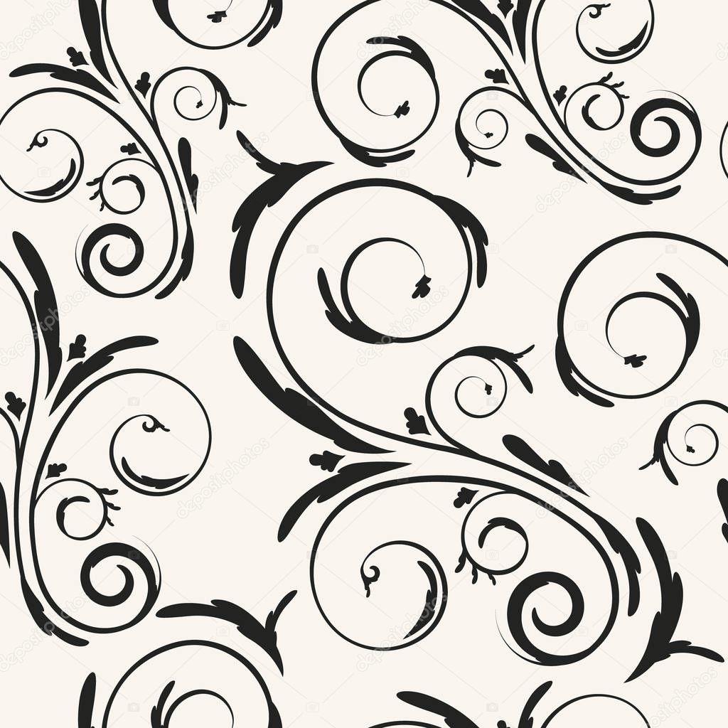 Repetitive floral curls vector background. Decorative monochrome seamless pattern with elegant swirls.