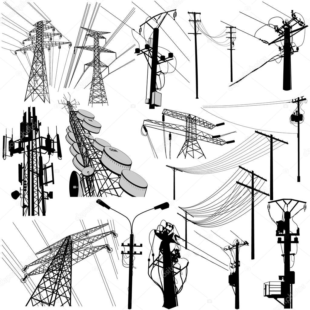 Silhouettes of high voltage or medium voltage poles and gsm communications with electrical transformers. Power tower vector format. Set of detaliled pylon structure which carry electricity.