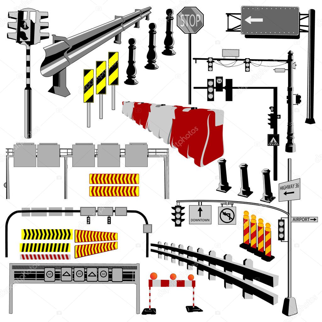 Road objects vector collection. Stop sign, directions panels, road lights, highway panels, road separation bars, traffic cones.