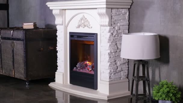 Artificial Fireplace White Brick Warm House Homely Atmosphere — Stock Video