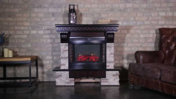 Artificial Fireplace White Brick Warm House Homely Atmosphere — Stock Video