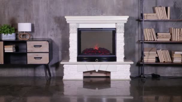 Artificial Fireplace White Brick Warm House Homely Atmosphere — Stock Video