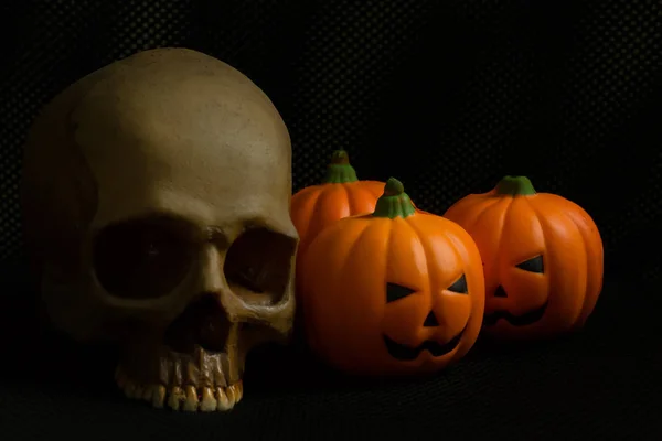 Halloween Pumpa Jack Och Dödskalle Svart Holiday Bakgrundsbild — Stockfoto