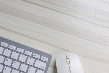  iş istasyonu office düz ahşap masa görüntü arka planı için lay.
