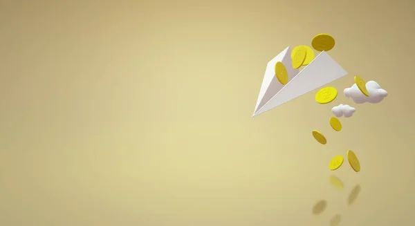 Een 3d rendering Air vliegtuig papier en gouden munten. — Stockfoto