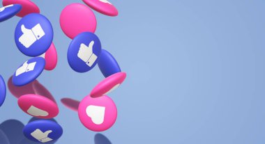 3D render thumbs up ve kalp sosyal medya simgesi.