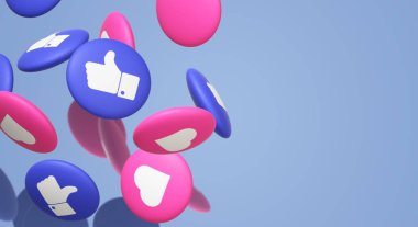 3D render thumbs up ve kalp sosyal medya simgesi.