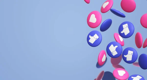 3D render thumbs up ve kalp sosyal medya simgesi.