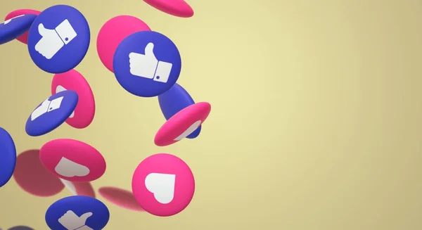 3D render thumbs up ve kalp sosyal medya simgesi.