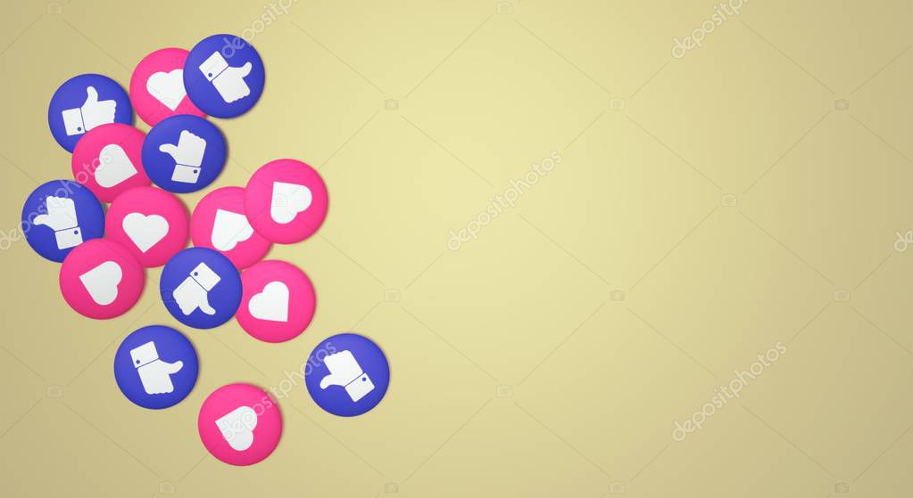 3d rendering Thumb up and heart social media icon.
