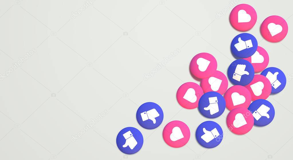 3d rendering Thumb up and heart social media icon.