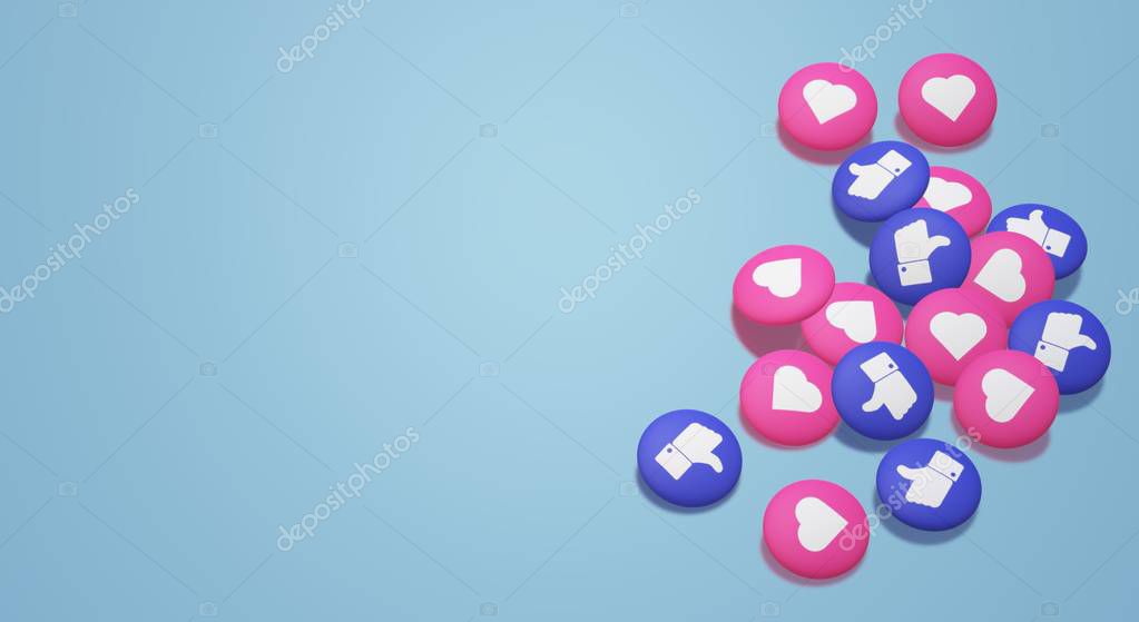 3d rendering Thumb up and heart social media icon.