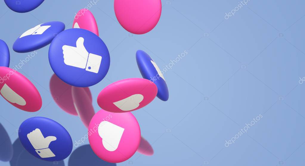 3d rendering Thumb up and heart social media icon.