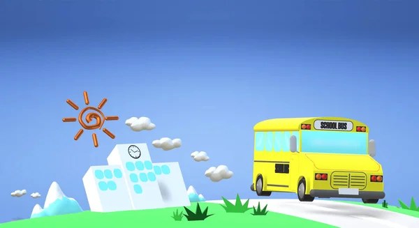 3D рендеринг школьного автобуса на пути к содержанию школы — стоковое фото