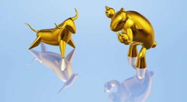 3d render altın boğa ve ayı iş içeriği.