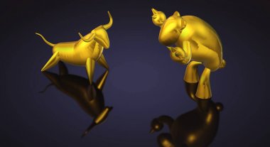3d render altın boğa ve ayı iş içeriği.