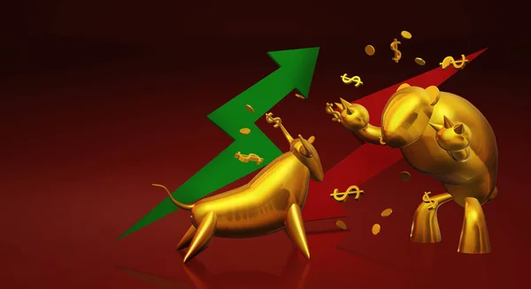 3d rendering gold bull and bear business content.