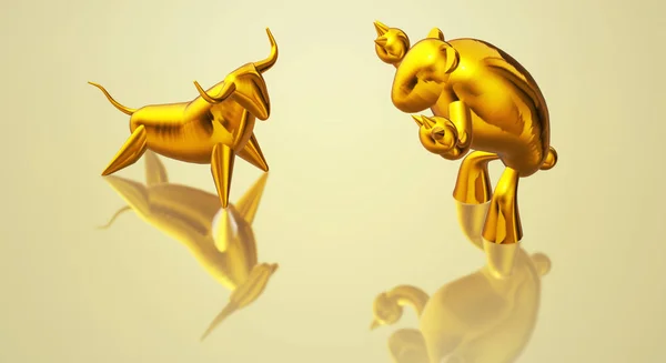 3d rendering gold bull and bear business content.