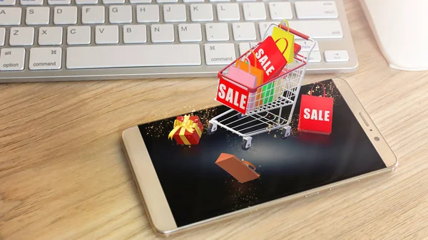 A smartphone és Bevásárlókocsi a vásárlás online tartalmak. — Stock Fotó