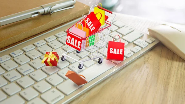 Tastatur und Warenkorb für Online-Einkäufe. — Stockfoto