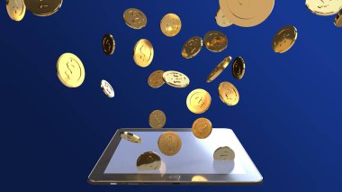 iş içeriği için tablet ve altın Coin 3D Rendering.