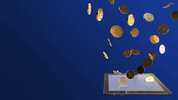 Tablet en Gold Coin 3D rendering voor zakelijke inhoud. — Stockfoto