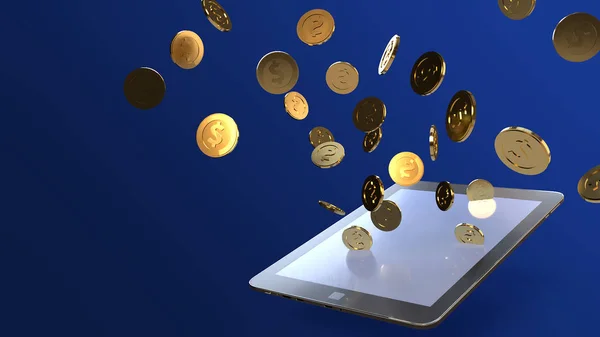 Tablet en Gold Coin 3D rendering voor zakelijke inhoud. — Stockfoto