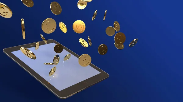 Tablet en Gold Coin 3D rendering voor zakelijke inhoud. — Stockfoto