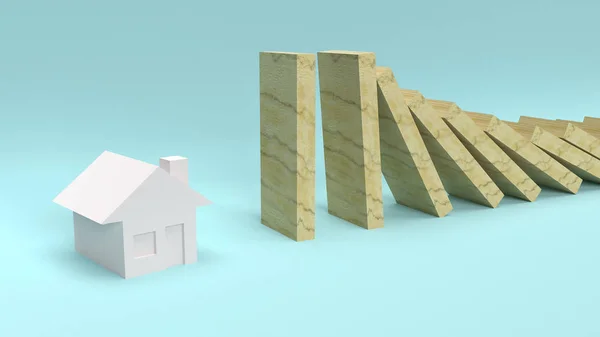 나무 블록에서 떨어지는 집 3D 렌더링 — 스톡 사진