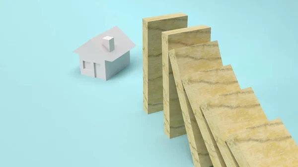 Trä block från Falling a House 3D rendering — Stockfoto