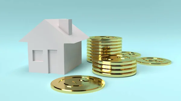 Casa y monedas de oro 3d renderizado imagen de cerca . —  Fotos de Stock