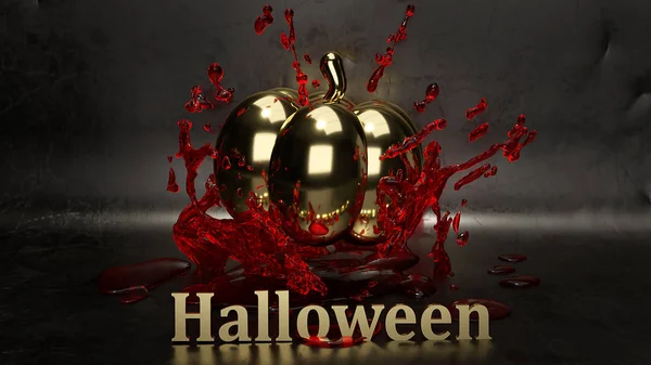 Zlatá dýně a krevní 3D vykreslování pro Halloweenský koncept. — Stock fotografie