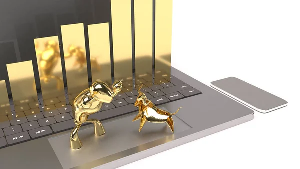 Laptop, Bear en Bull voor business concept 3D rendering image. — Stockfoto