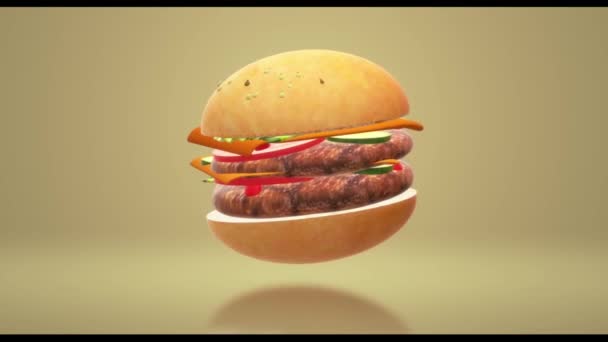 食品コンセプト3Dレンダリングのためのハンバーガーファーストフード — ストック動画