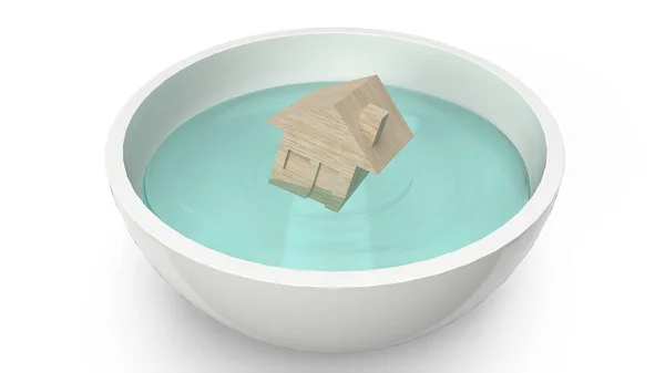 Maison jouet en bois dans un bol blanc pour le concept d'inondation rendu 3d . — Photo