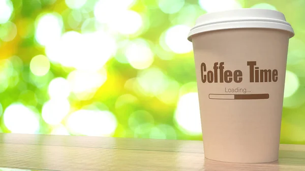 Taza de café sobre tabla de madera fondo bokeh 3d renderizado — Foto de Stock