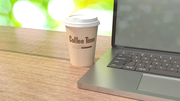 Чашка кави на дерев'яному столі боке фону 3d рендерингу — стокове фото