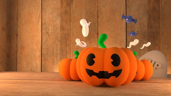 Halloween kavramı 3d renderi için ahşap arka plan üzerinde Kabak jakı — Stok fotoğraf
