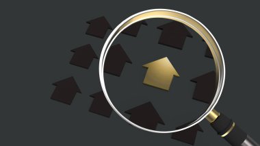  ev ve Emlak kavramı 3d render için büyüteç.