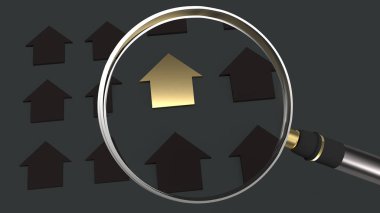  ev ve Emlak kavramı 3d render için büyüteç.