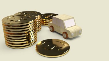  araba içeriği 3d render için araba ahşap oyuncak ve altın sikkeler.