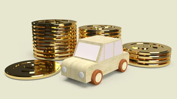 Car wood toy and gold coins for car content 3d rendering. — Stock Photo, Image