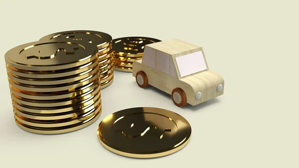 Carro brinquedo de madeira e moedas de ouro para o conteúdo do carro 3d renderização . — Fotografia de Stock