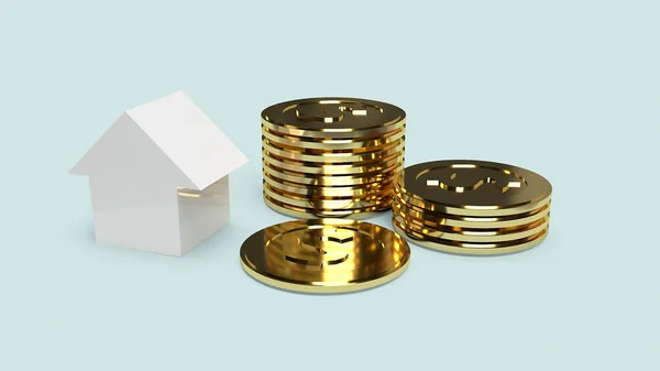 Λευκό σπίτι και χρυσά νομίσματα για το περιεχόμενο της ιδιοκτησίας 3D απόδοση. — Φωτογραφία Αρχείου