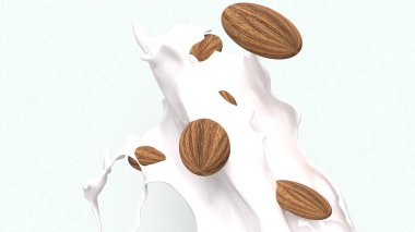 Gıda kavramı 3d render için süt sıçrama badem.