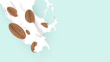 Gıda kavramı 3d render için süt sıçrama badem.