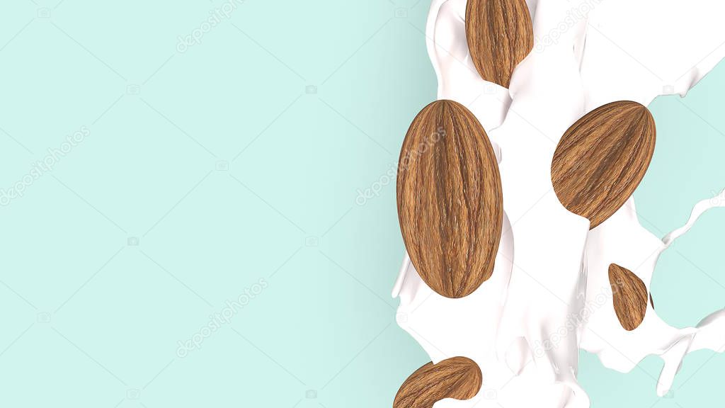 Almond on milk splash for food concept 3d rendering.