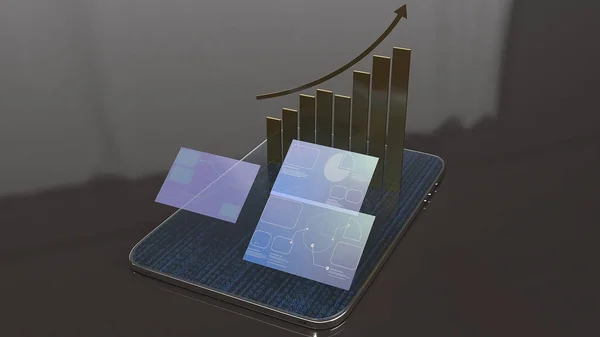 비즈니스 컨셉 3D 렌더링을 위한 태블릿 및 화면 차트. — 스톡 사진