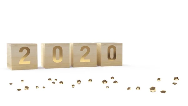 Золотий номер 2020 року на дерев'яному кубі для новорічної концепції 3d рендеринга — стокове фото