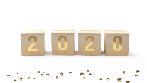 2020 numero d'oro sul cubo di legno per il nuovo concetto di anno rendering 3d — Foto Stock